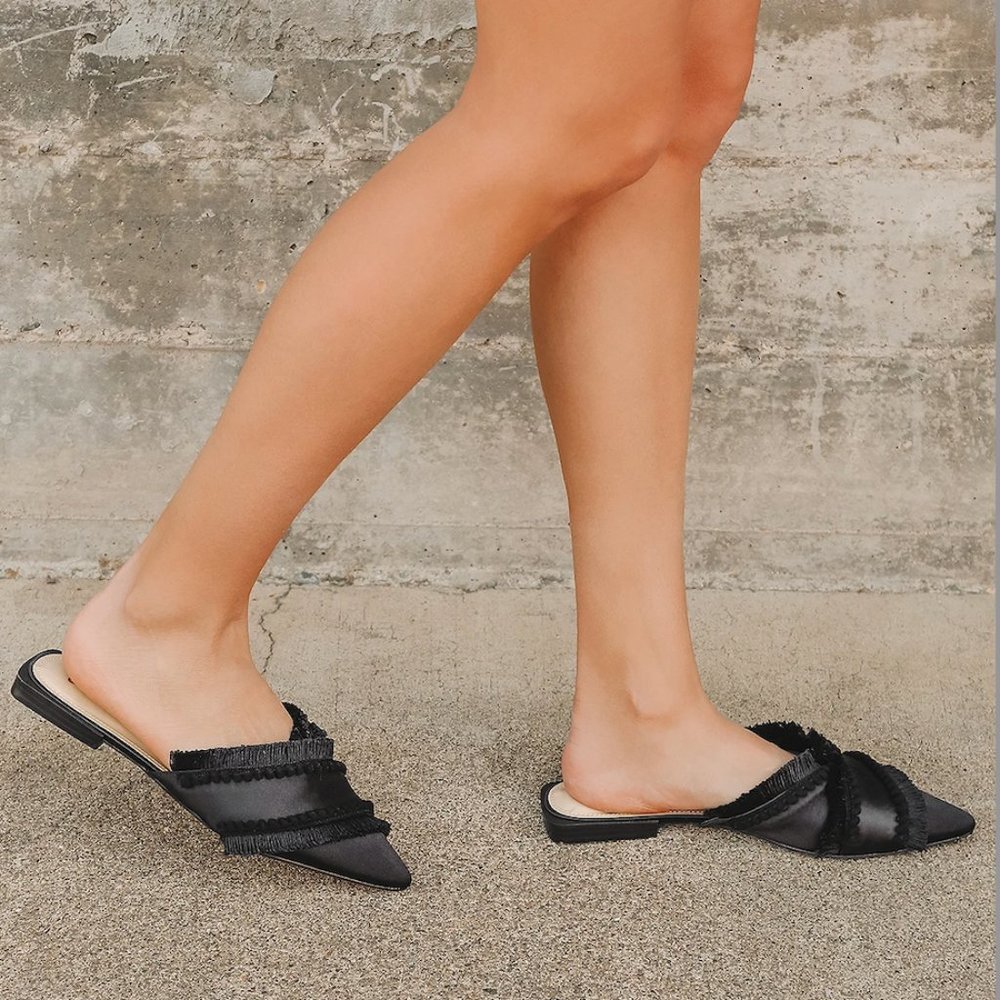 Black Satin Fringe Pointed-Toe Mule Slides